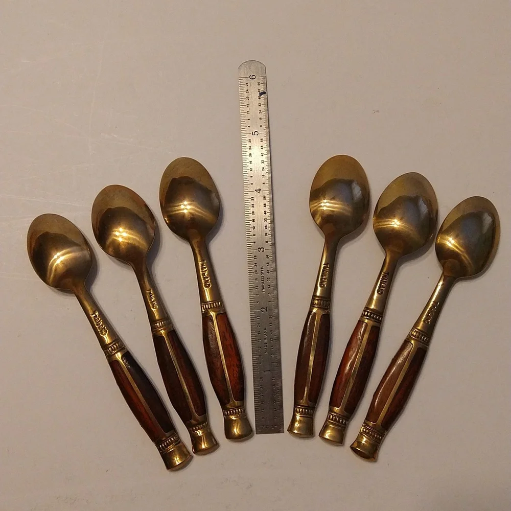 6 Vintage Brass and Rosewood Demitasse Spoons in Original Red Velvet case